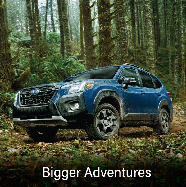 A blue Subaru outback wilderness with the words &ldquo;Bigger Adventures&ldquo;. | Bowser Subaru in Pittsburgh PA